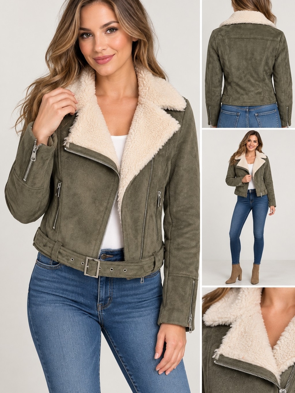 VIGOSS Women’s Small Olive Green Faux Suede Sherpa Moto Jacket Belted Biker